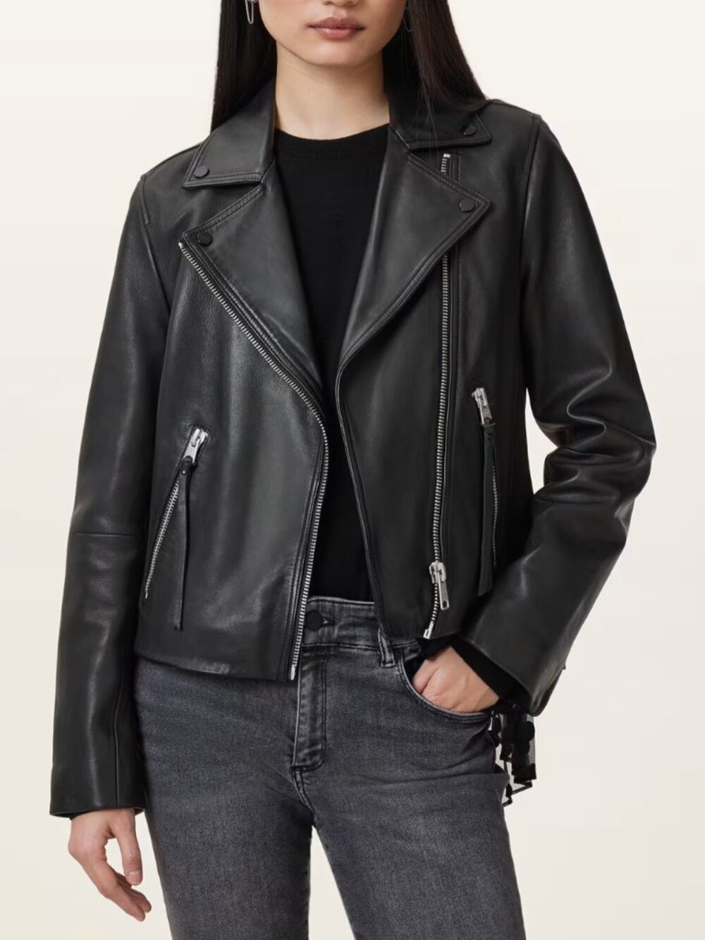 AllSaints Dalby Slim Fit Leather Biker Jacket Classic Jacket US 8